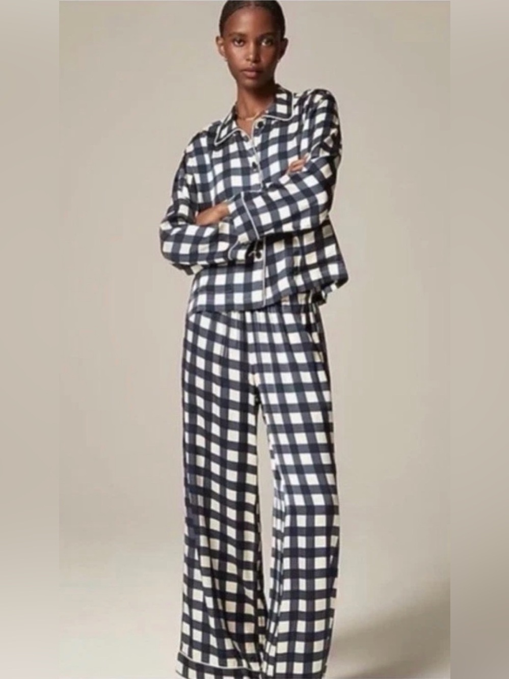 J. Crew NWOT Satin Gingham Pajama Set in Navy & Cream XS